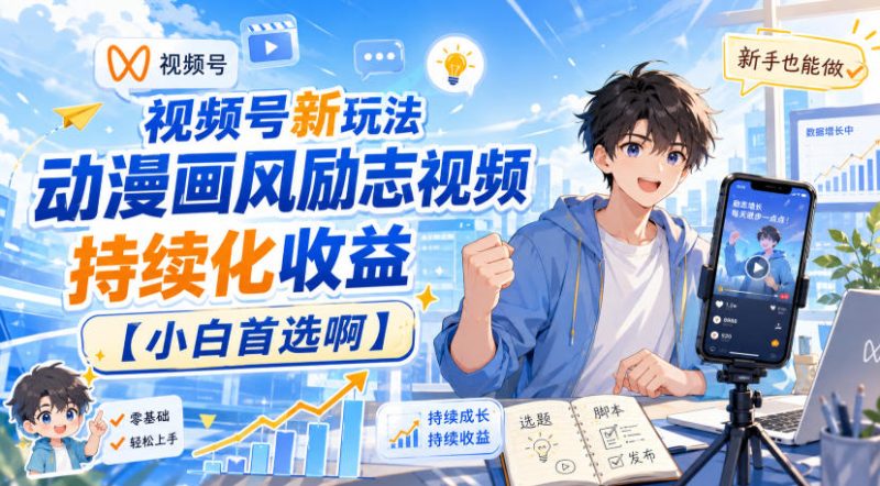 视频号新玩法动漫画风励志视频，持续化收益【小白首选啊】-初遇资源网