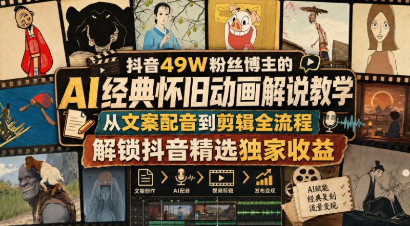 抖音49W粉丝博主的AI经典怀旧动画解说教学,从文案配音到剪辑全流程,解锁抖音精选独家收益-初遇资源网