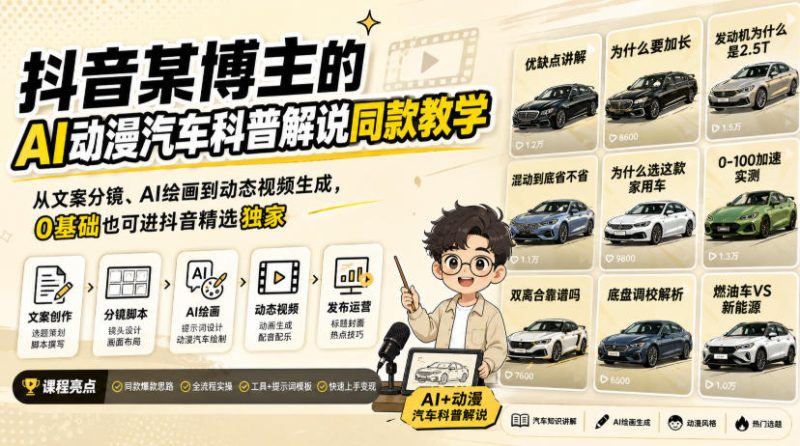 抖音某博主的AI动漫汽车科普解说同款教学,从文案分镜、AI绘画到动态视频生成,0基础解锁抖音精选独家收益-初遇资源网