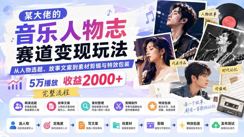 某大佬的音乐人物志赛道变现玩法:从人物选题、故事文案到素材剪辑与特效包装,5万播放收益2000+完整流程-初遇资源网
