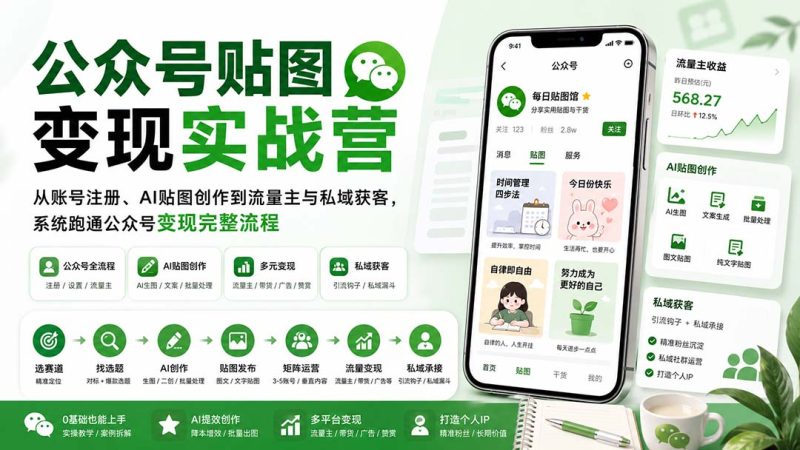 公众号贴图变现实战营:从账号注册、AI贴图创作到流量主与私域获客,系统跑通公众号变现完整流程-初遇资源网