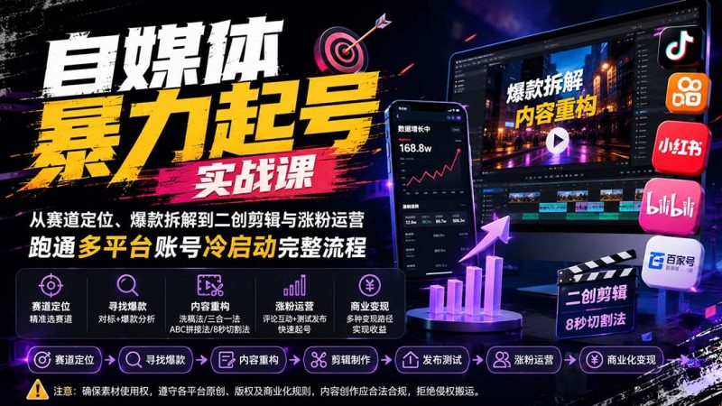 自媒体暴力起号实战课:从赛道定位、爆款拆解到二创剪辑与涨粉运营,跑通多平台账号冷启动完整流程-初遇资源网