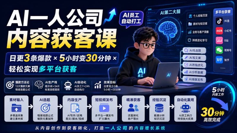 AI一人公司内容获客课-更新8月:日更3条爆款×5小时变30分钟×AI员工自动打工,轻松实现多平台获客-初遇资源网