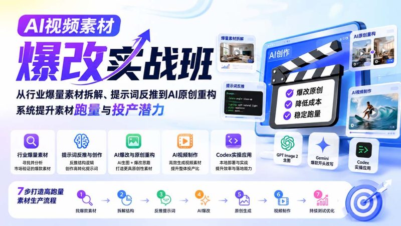 AI视频素材爆改实战班-更新8月：从行业爆量素材拆解、提示词反推到AI原创重构，系统提升素材跑量与投产潜力-初遇资源网