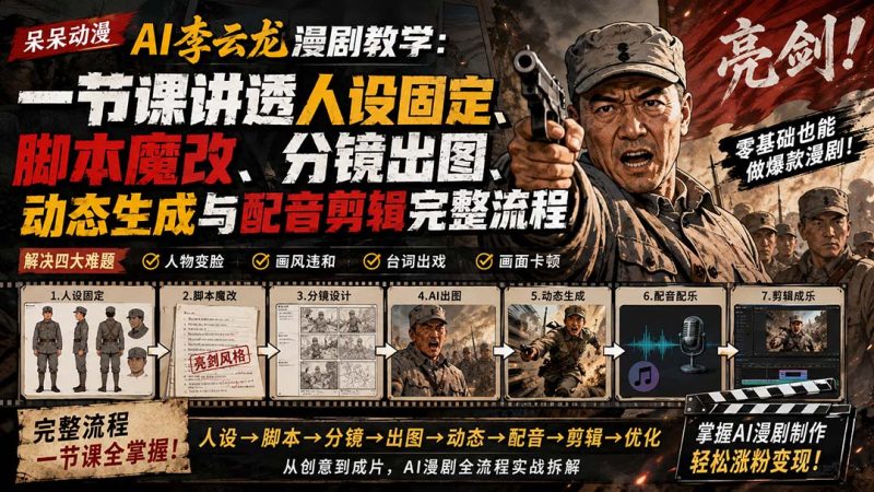 呆呆动漫AI李云龙漫剧教学:一节课讲透人设固定、脚本魔改、分镜出图、动态生成与配音剪辑完整流程-初遇资源网