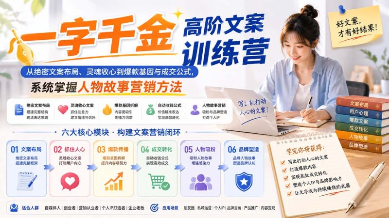 一字千金高阶文案训练营:从绝密文案布局、灵魂收心到爆款基因与成交公式,系统掌握人物故事营销方法-初遇资源网