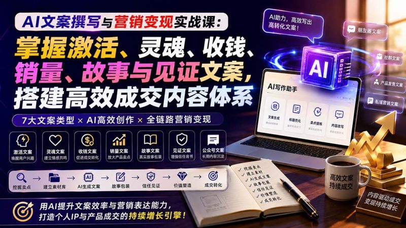 AI文案撰写与营销变现实战课:掌握激活、灵魂、收钱、销量、故事与见证文案,搭建高效成交内容体系-初遇资源网