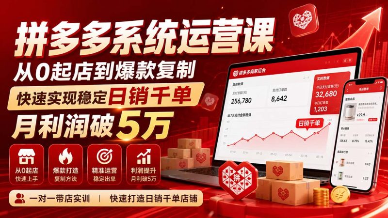 拼多多系统运营课(更新8月)，从0起店到爆款复制，快速实现稳定日销千单，月利润破5万-初遇资源网