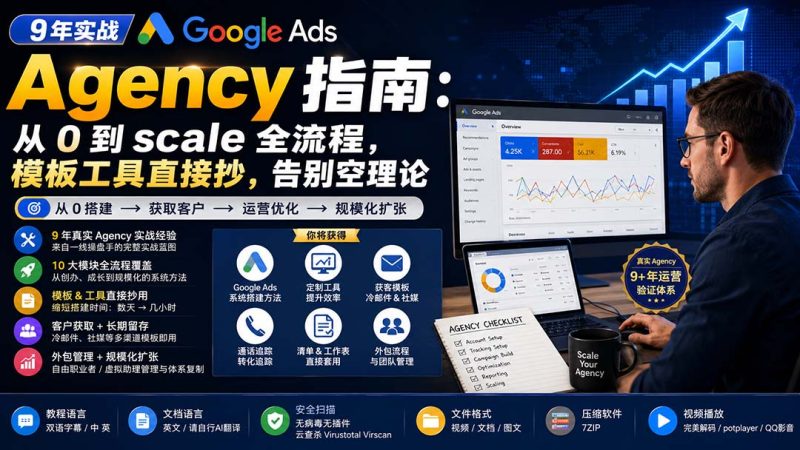 9 年实战 Google Ads Agency 指南：从 0 到 scale 全流程，模板工具直接抄，告别空理论【原创双语字幕】-初遇资源网