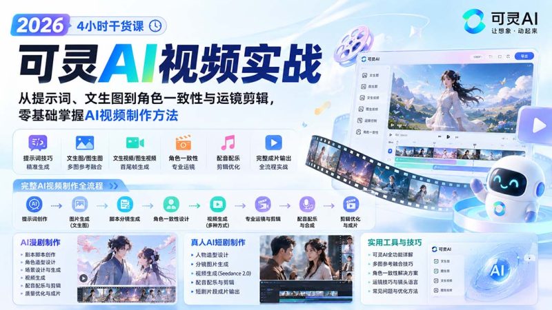 2026可灵AI视频实战-4小时干货课:从提示词、文生图到角色一致性与运镜剪辑,零基础掌握AI视频制作方法-初遇资源网