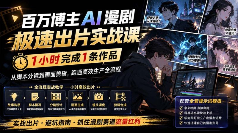 百万博主AI漫剧极速出片实战课:1小时产出条作品,从脚本分镜到画面剪辑,跑通高效生产全流程-初遇资源网