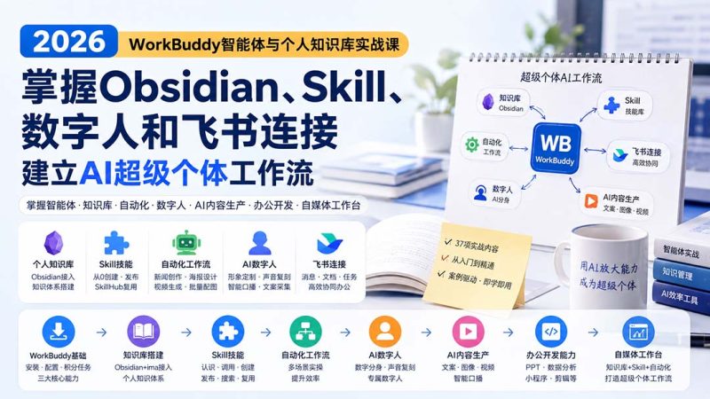 2026 WorkBuddy智能体与个人知识库实战课：掌握Obsidian、Skill、数字人和飞书连接，建立AI超级个体工作流-初遇资源网