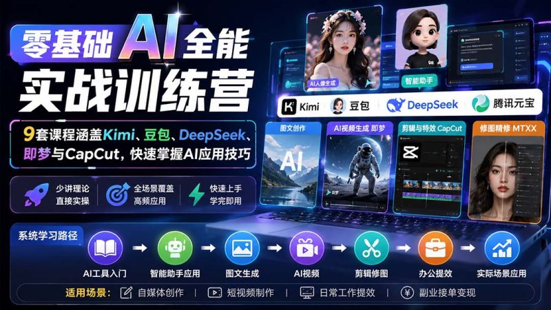 零基础AI全能实战训练营：9套课程涵盖Kimi、豆包、DeepSeek、即梦与CapCut，快速掌握AI应用技巧-初遇资源网