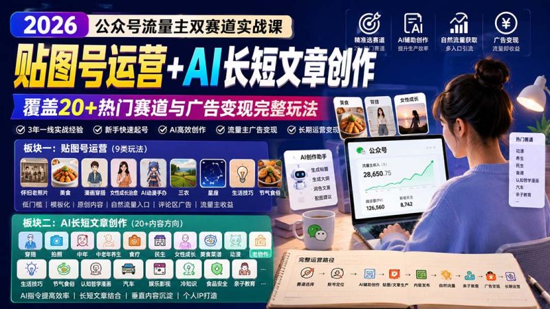 公众号流量主双赛道实战课:贴图号运营+AI长短文章创作,覆盖20+热门赛道与广告变现完整玩法-初遇资源网