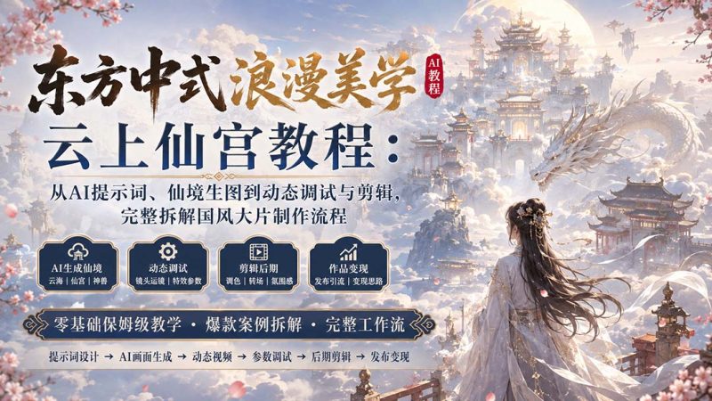 东方中式浪漫美学云上仙宫教程:从AI提示词、仙境生图到动态调试与剪辑,完整拆解国风大片制作流程-初遇资源网