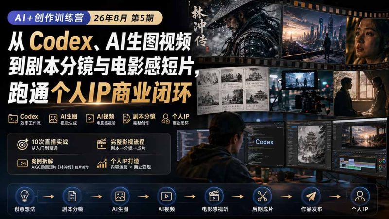 AI+创作训练营26年8月第5期:从Codex、AI生图视频到剧本分镜与电影感短片,跑通个人IP商业闭环-初遇资源网