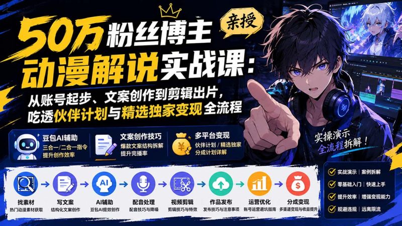 50万粉丝博主亲授动漫解说实战课:从账号起步、文案创作到剪辑出片,吃透伙伴计划与精选独家变现全流程-初遇资源网