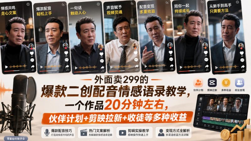外面卖299的爆款二创配音情感语录教学,一个作品20分钟左右,伙伴计划+剪映拉新+收徒等多种收益-初遇资源网