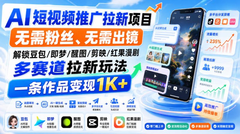 AI短视频推广拉新项目,无需粉丝、无需出镜,解锁豆包/即梦/醒图/剪映/红果漫剧多赛道拉新玩法,一条作品变现1K+-初遇资源网