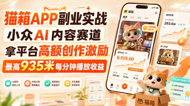 猫箱APP副业实战，小众AI内容赛道，拿平台高额创作激励，最高935米每分钟播放收益-初遇资源网