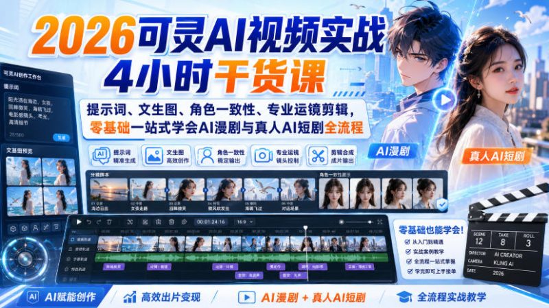 2026可灵AI视频实战4小时干货课｜提示词、文生图、角色一致性、专业运镜剪辑，零基础一站式学会AI漫剧与真人AI短剧全流程-初遇资源网