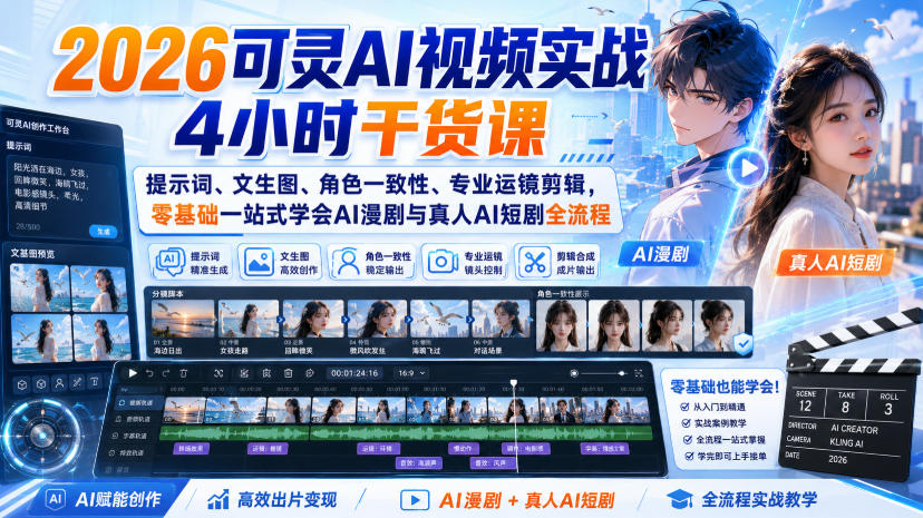2026可灵AI视频实战4小时干货课｜提示词、文生图、角色一致性、专业运镜剪辑，零基础一站式学会AI漫剧与真人AI短剧全流程 - 冒泡网