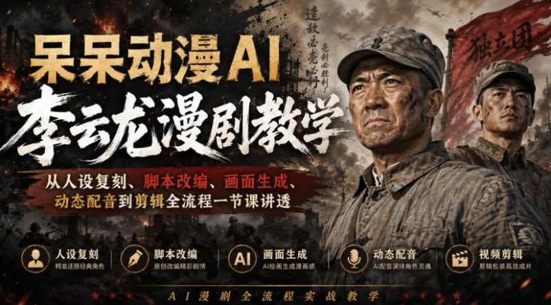 呆呆动漫AI李云龙漫剧教学,从人设复刻、脚本改编、画面生成、动态配音到剪辑全流程一节课讲透-初遇资源网