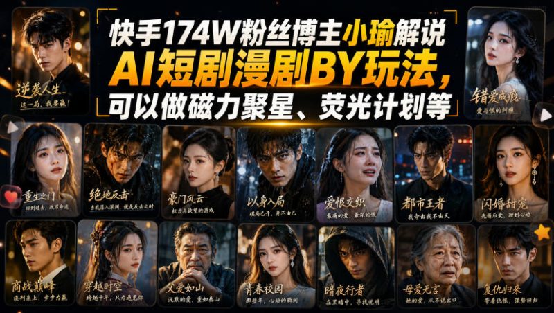 快手174W粉丝博主小瑜解说AI短剧漫剧搬运玩法,可以做磁力聚星、荧光计划等-初遇资源网