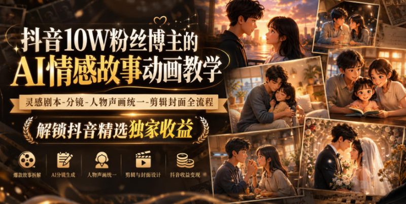 抖音10W粉丝博主的AI情感故事动画教学,灵感剧本‑分镜‑人物声画统一‑剪辑封面全流程,解锁抖音精选独家收益-初遇资源网