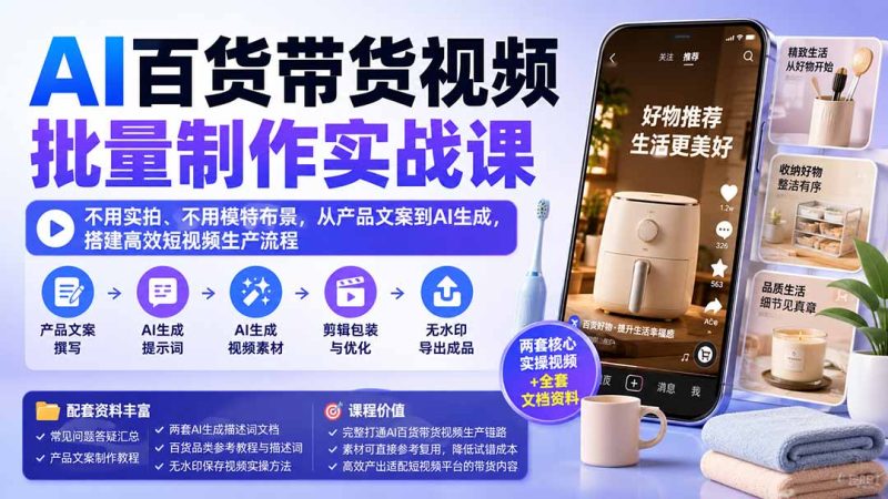 AI百货带货视频批量制作实战课:不用实拍、不用模特布景,从产品文案到AI生成,搭建高效短视频生产流程-初遇资源网