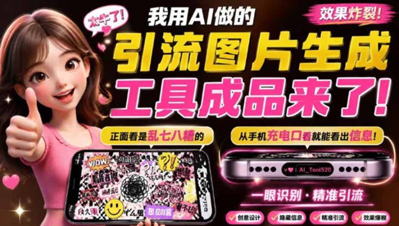 自媒体引流工具来了，把你的微信藏到图片中，正面看是乱七八糟的乱码，手机平躺从充电口看就能看出实际内容-初遇资源网