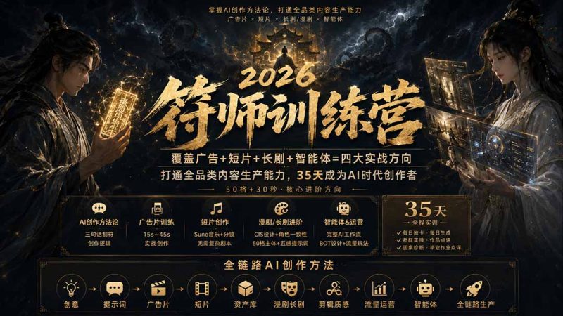 符师训练营-35天成为AI时代创作者,广告+短片+漫剧+智能体四大实战方向,掌握从创意到上线的完整工作流-初遇资源网