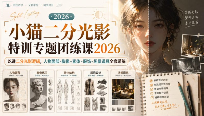 小猫二分光影特训专题团练课2026|吃透二分光影逻辑,人物面部‑胸像‑素体‑服饰‑场景道具全套带练,高清画质附赠课件与笔刷-初遇资源网