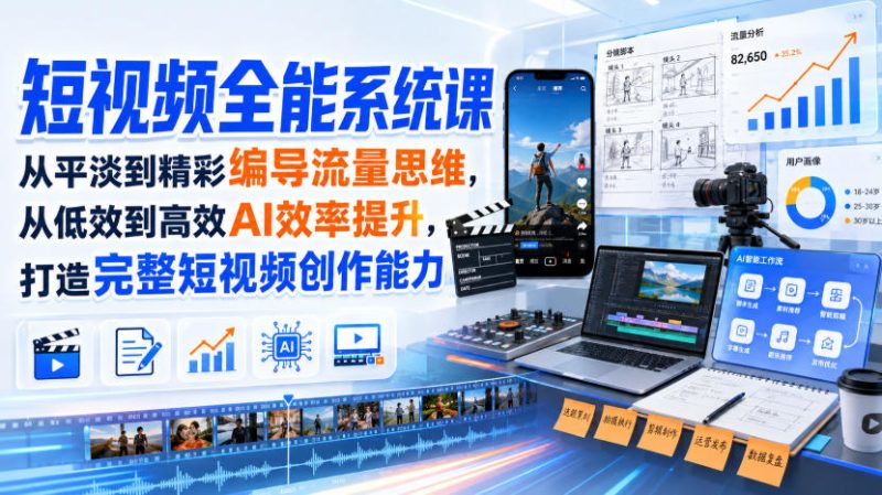 短视频全能系统课,从平淡到精彩编导流量思维,从低效到高效AI效率提升,打造完整短视频创作能力(2026年8月30更新233集)-初遇资源网