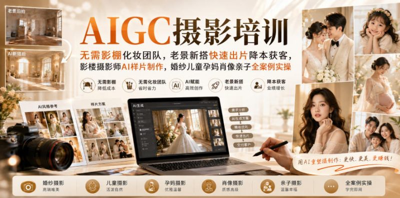 AIGC摄影培训|无需影棚化妆团队,老景新搭快速出片降本获客,影楼摄影师AI样片制作,婚纱儿童孕妈肖像亲子全案例实操-初遇资源网
