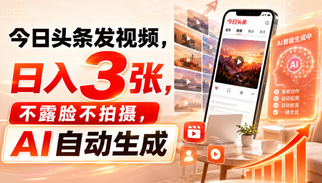 今日头条发视频,日入3张,不露脸不拍摄,AI自动生成-初遇资源网