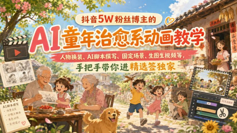 抖音5W粉丝博主的AI童年治愈系动画教学,人物换装、AI脚本撰写、固定场景、生图生视频等,手把手带你进精选签独家-初遇资源网