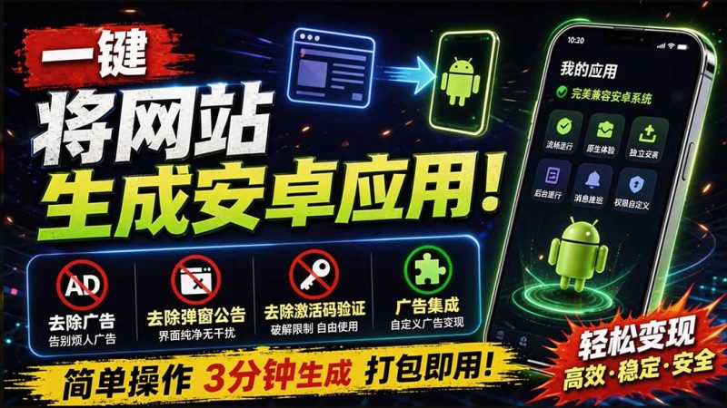 目前最好用，一键将网站生成安卓应用！支持去除广告、弹窗公告、激活码验证、广告集成等 web-to-app-初遇资源网