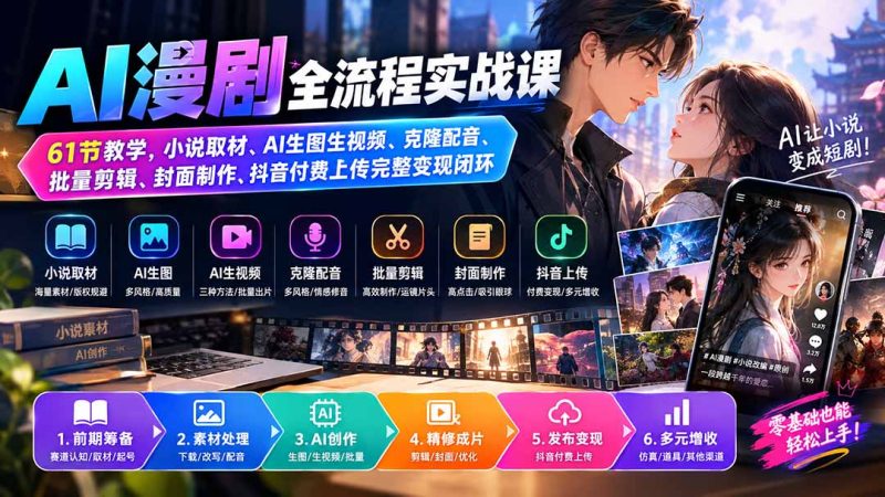 AI漫剧全流程实战课|61节教学,小说取材、AI生图生视频、克隆配音、批量剪辑、封面制作、抖音付费上传完整变现闭环-初遇资源网