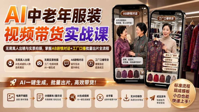 AI中老年服装视频带货实战课:无需真人出镜与实景拍摄,掌握AB剧情对话+工厂口播批量出片全流程-初遇资源网
