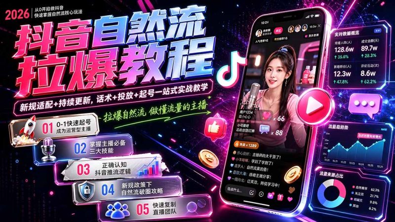 抖音自然流拉爆教程-更新8月：做懂流量的主播，新规适配+持续更新，话术+投放+起号一站式实战教学-初遇资源网