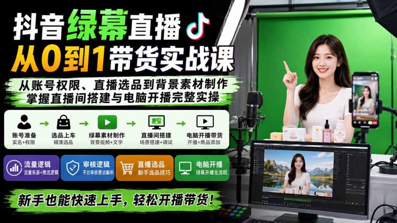 抖音绿幕直播从0到1带货实战课:从账号权限、直播选品到背景素材制作,掌握直播间搭建与电脑开播完整实操-初遇资源网