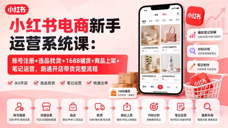小红书电商新手运营系统课：账号注册+选品找货+1688铺货+商品上架+笔记运营，跑通开店带货完整流程-初遇资源网
