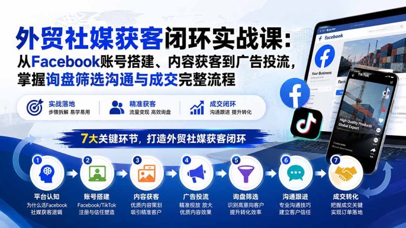 外贸社媒获客闭环实战课:从Facebook账号搭建、内容获客到广告投流,掌握询盘筛选沟通与成交完整流程-初遇资源网