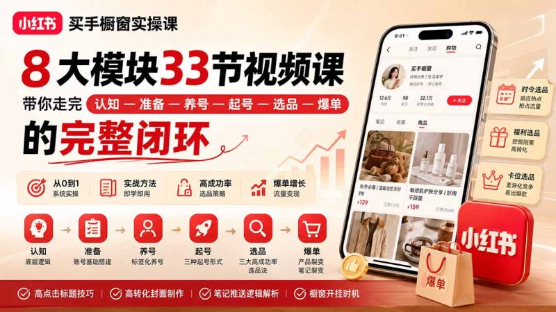小红书买手橱窗实操课:8大模块33节视频课,带你走完”认知—准备—养号—起号—选品—爆单”的完整闭环-初遇资源网