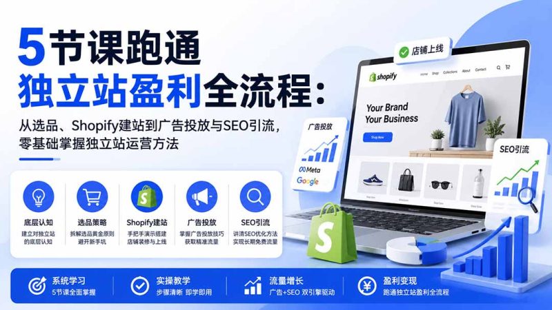 5节课跑通独立站盈利全流程:从选品、Shopify建站到广告投放与SEO引流,零基础掌握独立站运营方法-初遇资源网