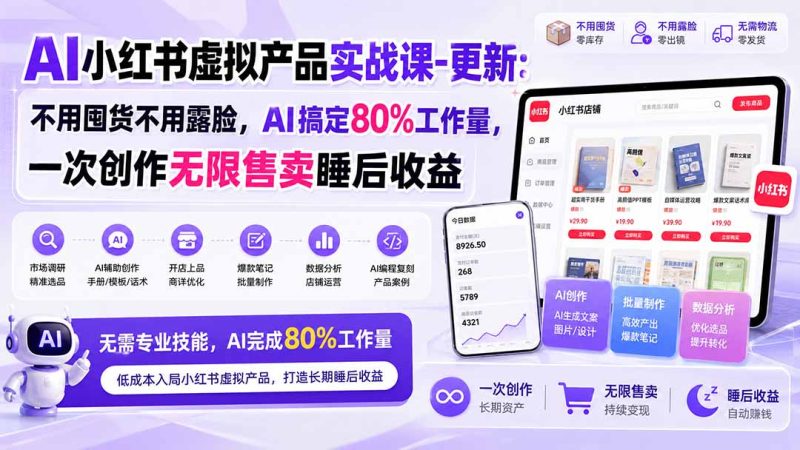 AI小红书虚拟产品实战课-更新:不用囤货不用露脸,AI搞定80%工作量,一次创作无限售卖睡后收益-初遇资源网