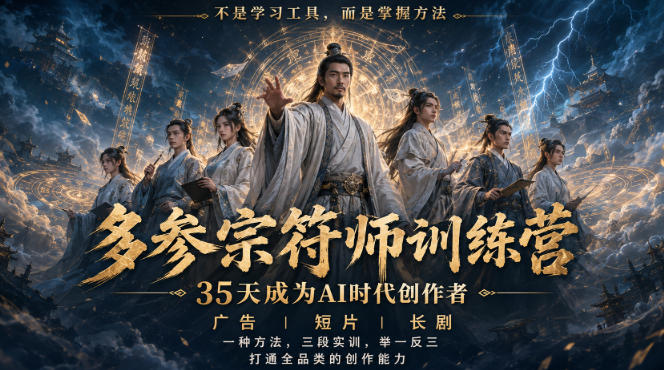 多参宗符师训练营,35天成为AI时代创作者,广告|短片|长剧,一种方法,三段实训,举一反三,打通全品类的创作能力-初遇资源网