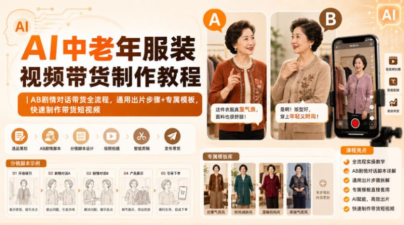 AI中老年服装视频带货制作教程|AB剧情对话带货全流程,通用出片步骤+专属模板,快速制作带货短视频-初遇资源网