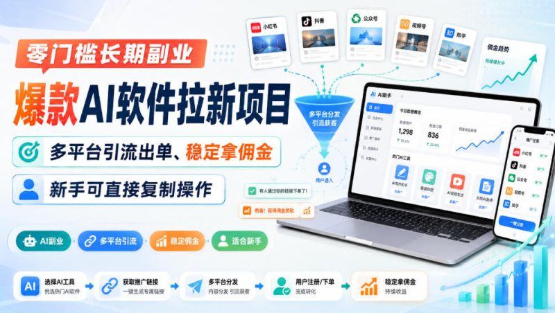 零门槛长期副业,爆款AI软件拉新项目,多平台引流出单、稳定拿佣金,新手可直接复制操作-初遇资源网